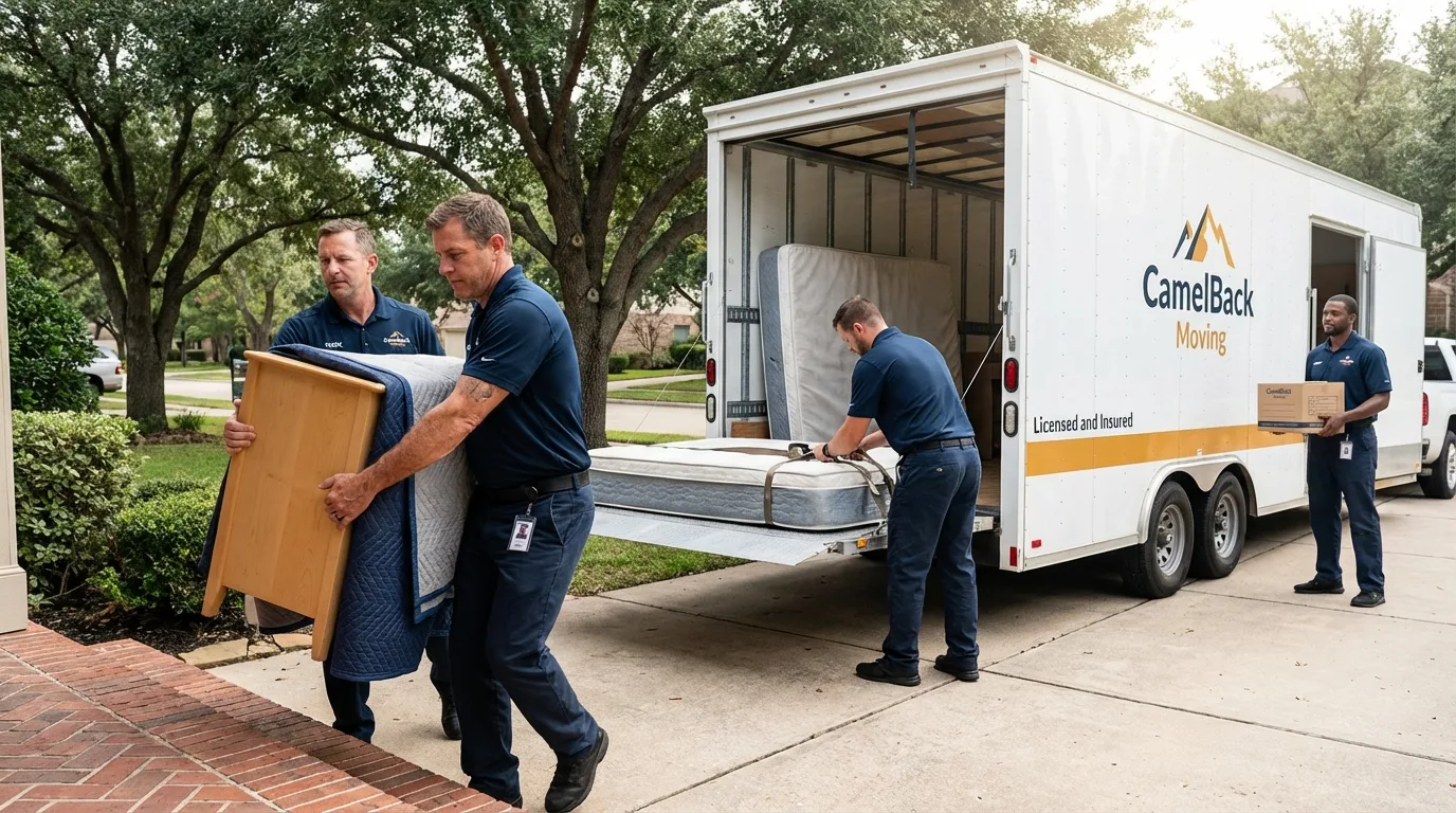 Crew loading residential truck for cross-state move from Sabinal, TX