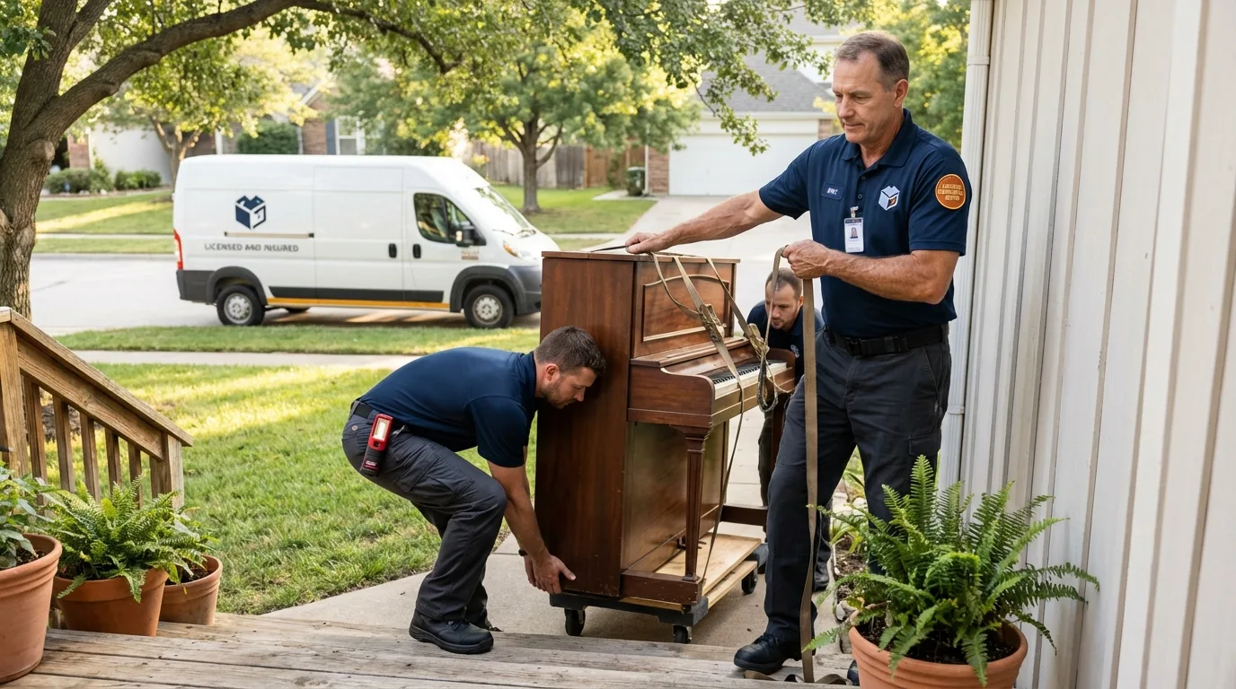 Licensed piano movers securing grand piano in Sabinal, TX