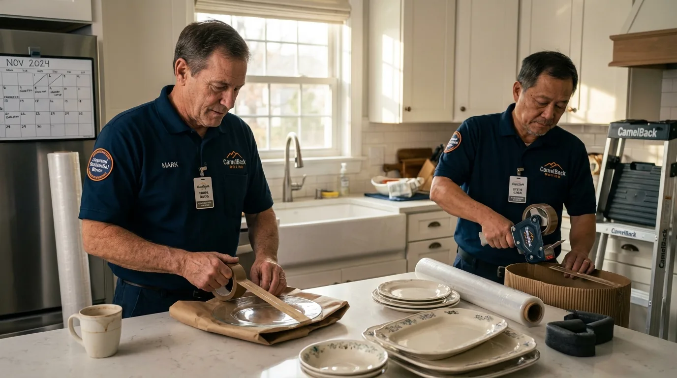 Professional crew packing kitchen dishware in Sabinal, TX